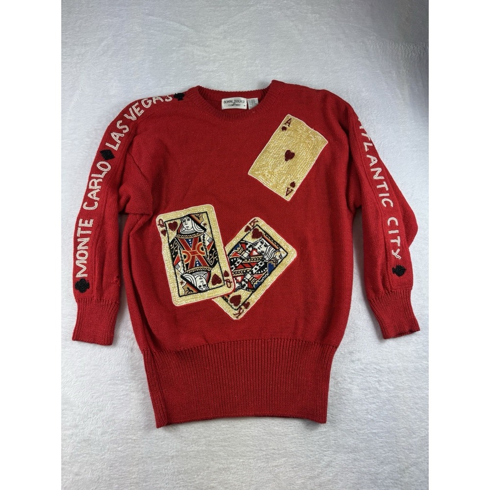 Vintage 80's novelty casino night vegas poker sweater Bonnie Boerer Red Sequins